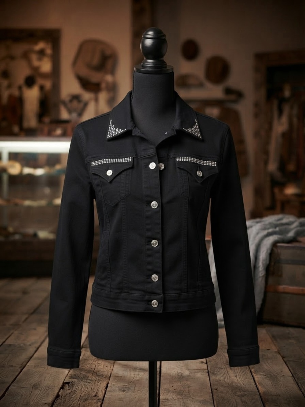 Black Stud-Trim Women's Denim Jacket